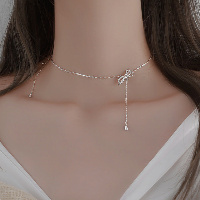Women's Flash Diamond Bow Tassel Collar Necklace