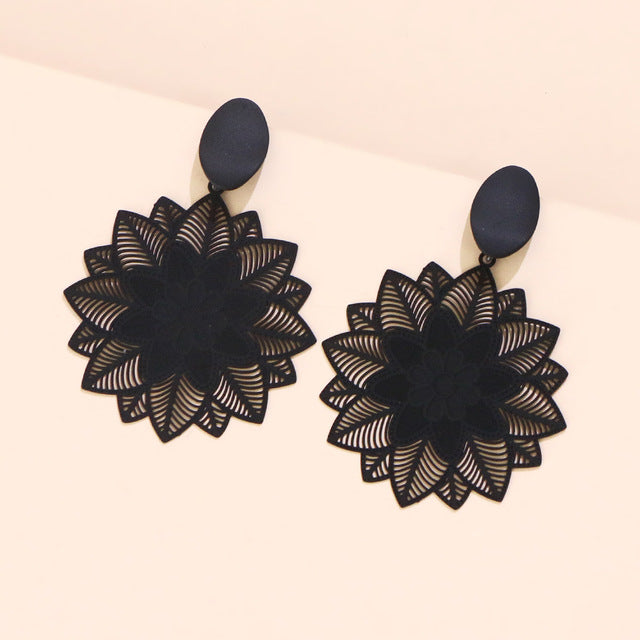Large Black Flower Pendant Earrings for Women
